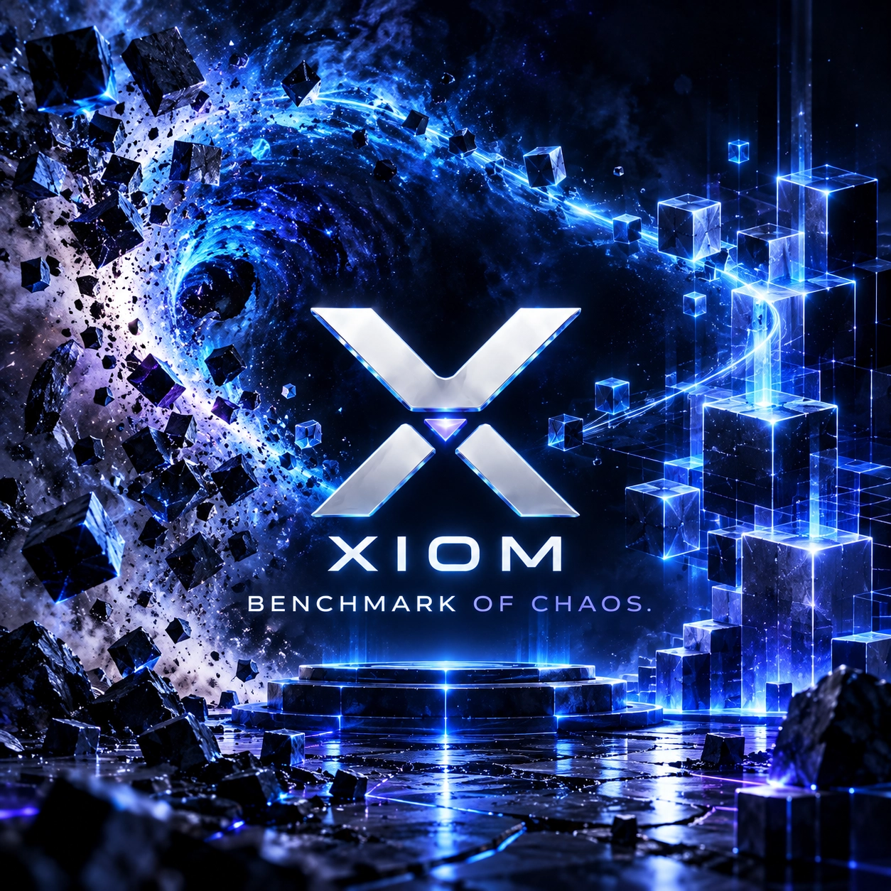 XIOM: benchmark of chaos -- a storm of dark blocks resolving into ordered, lit cubes around the XIOM mark.