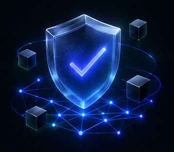 Illustration: a glass shield over contract nodes being audited