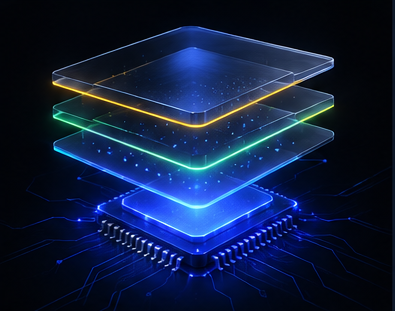 Illustration: layered safety glass over a memory chip with canary lines