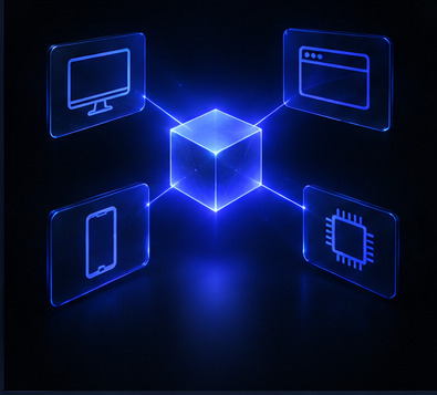 Illustration: one cube projecting desktop, browser, phone and chip targets