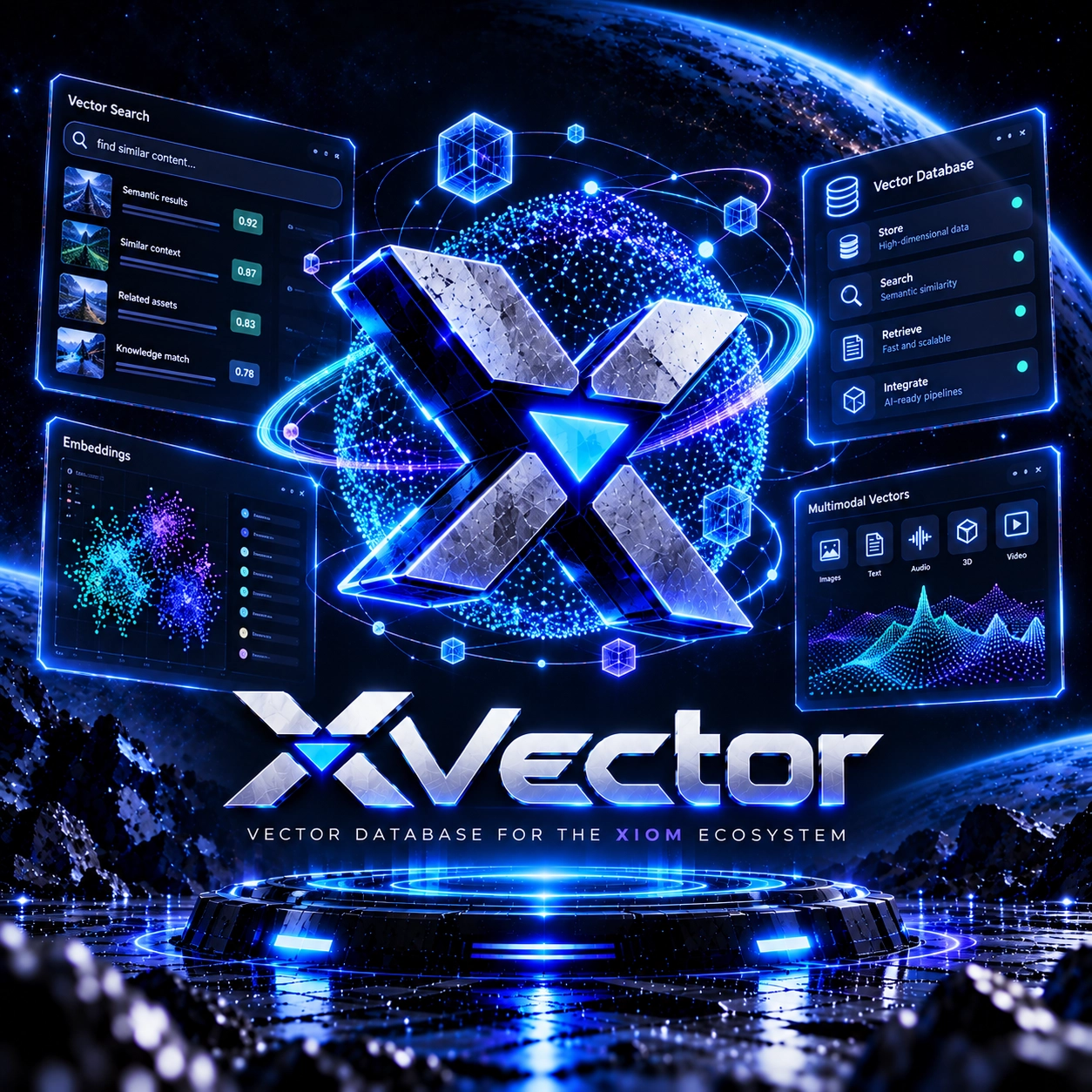 XVector: a vector database for the XIOM ecosystem, with vector search, embeddings and multimodal panels.